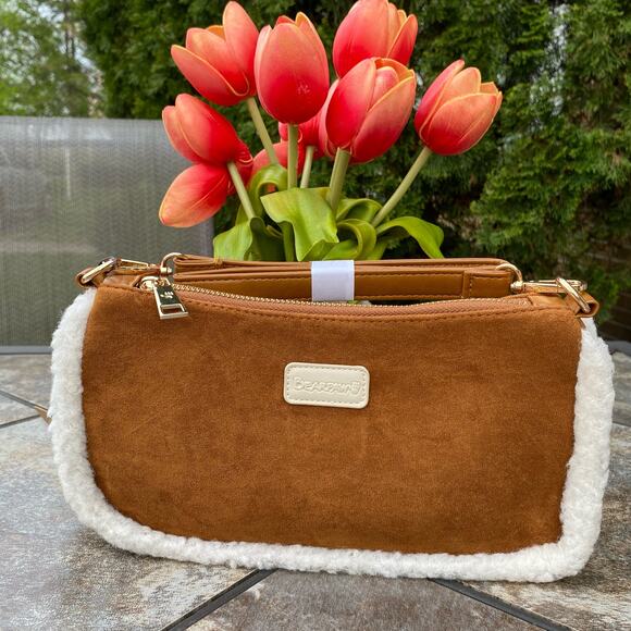 BEARPAW Tan Sherpa Pouchette Top Zip Small Shoulder Handbag Faux Suede NEW - Picture 1 of 9